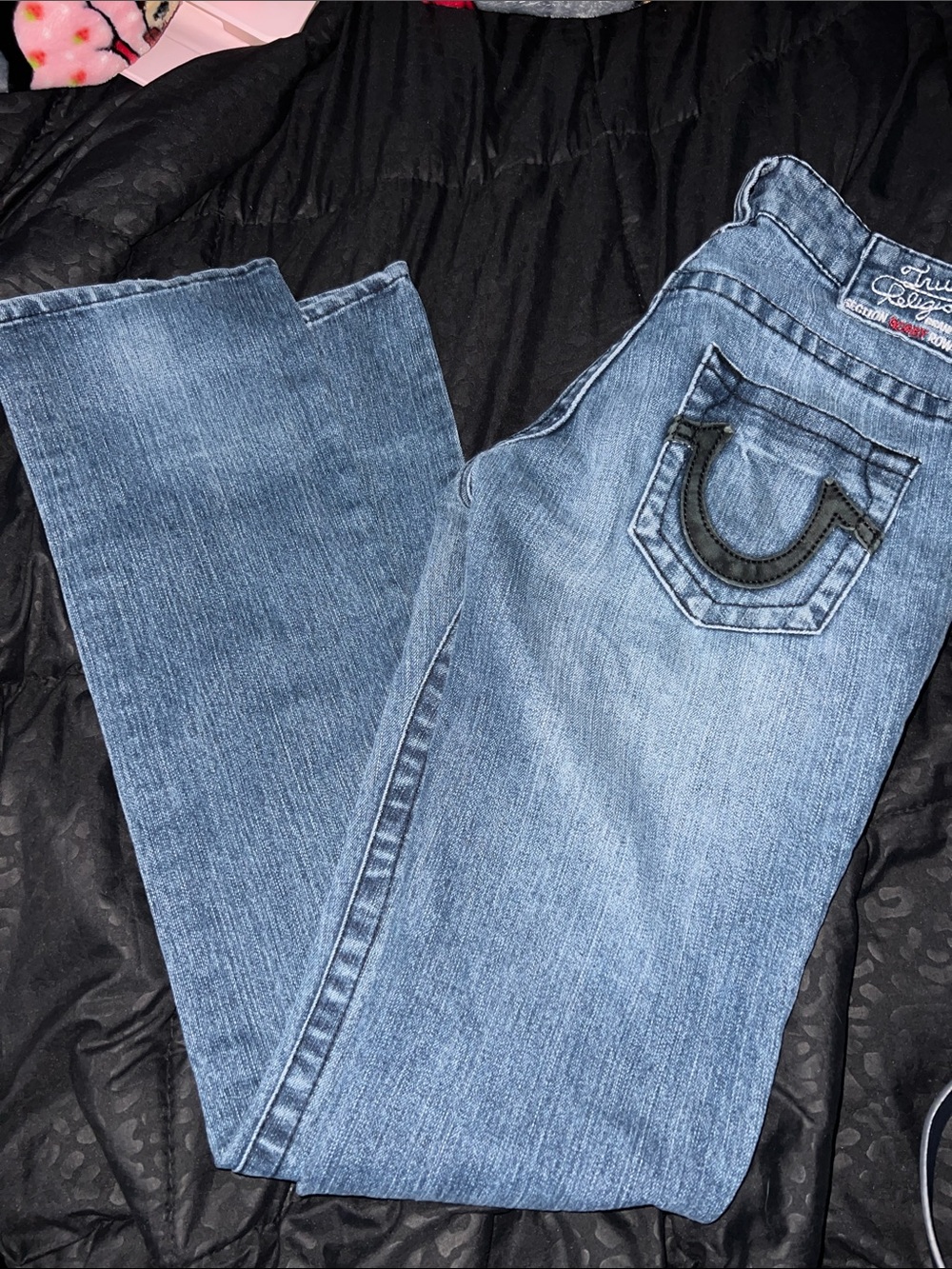 Vintage True Religion Light Blue Women's half Bootcut Jeans with Signature Pocke